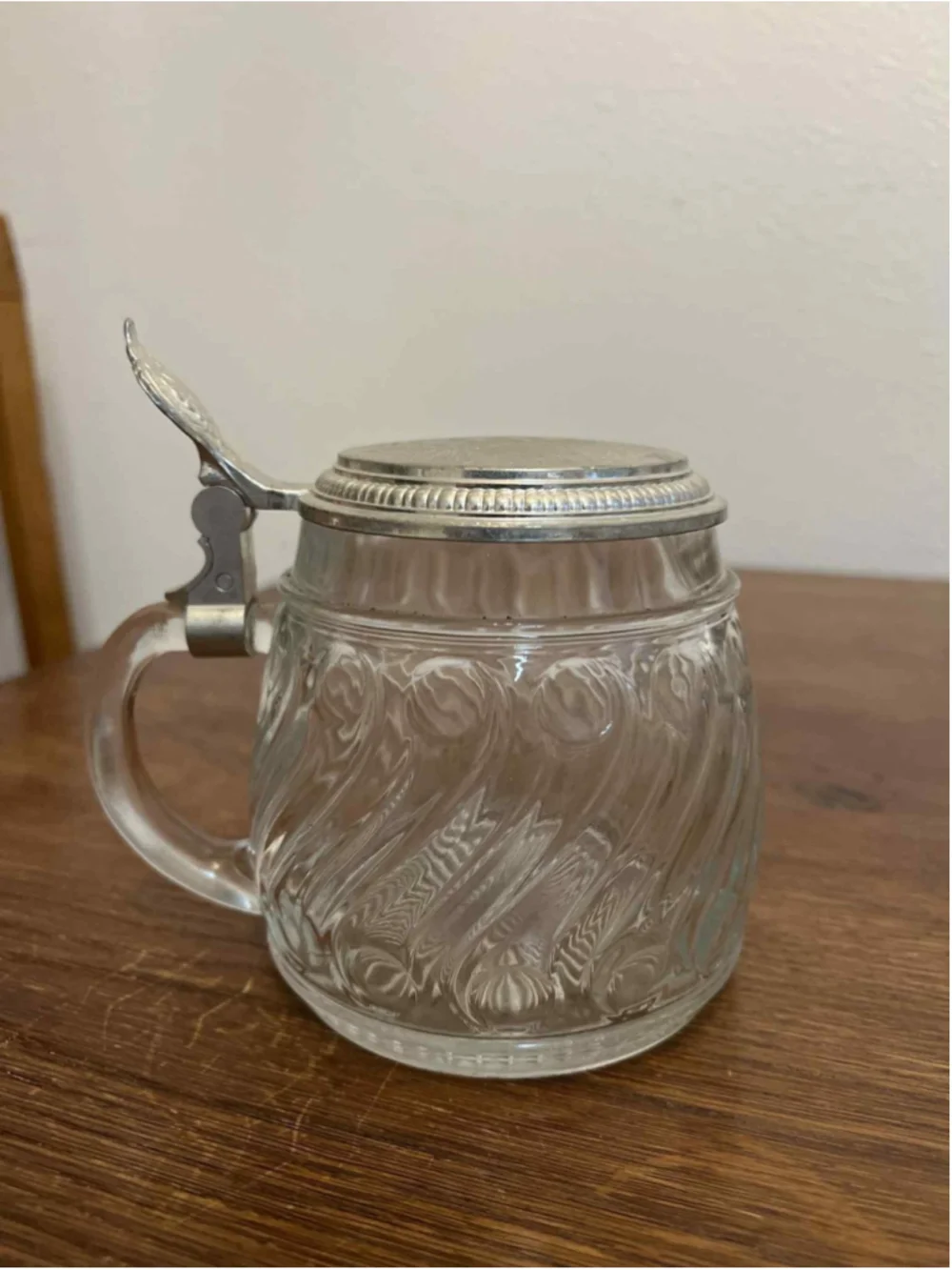 Vintage Clear Pressed Glass Beer Stein Pewter Hinged Lid BMF N West Germany